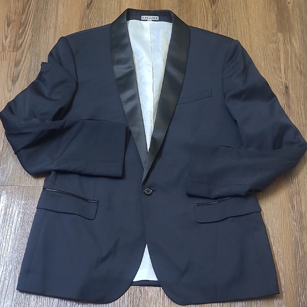 EXPRES Elegant Black Tuxedo Jacket with Satin Trim.